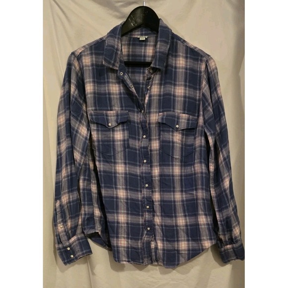 aerie Tops - Aerie‎ Vintage Wash Blue Pink Plaid Western Snap Front Flannel Shirt sz M
